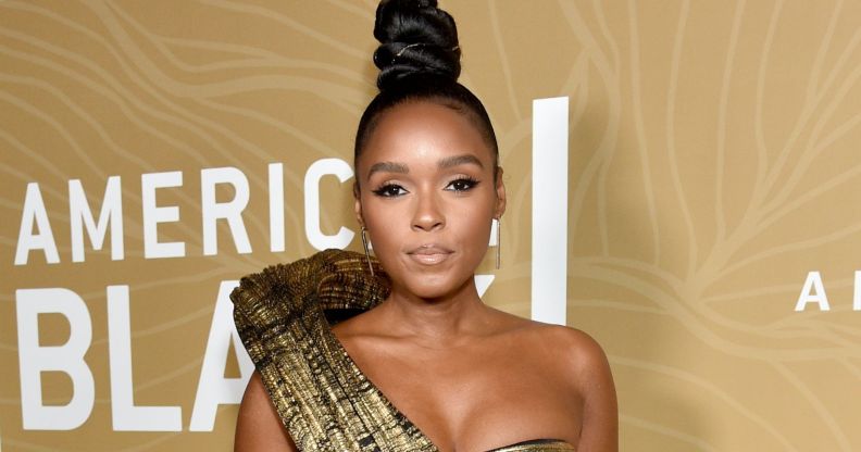 Janelle Monáe wears a gold and black dress at the American Black Film Festival Honors.