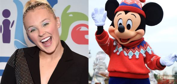 On the left, JoJo Siwa wears a black suit and smiles open mouthed at the camera. On the right, Mickey Mouse waves, wearing a red jumper and red and pink hat.