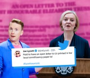 Image composite of Joe Lycett and LIz Truss.