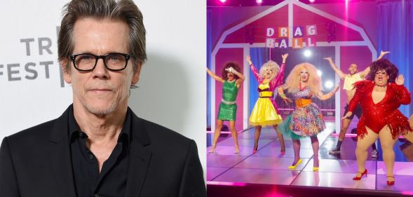 On the left, Kevin Bacon in a black shirt and black glasses stood against a white background. On the right, a still from the latest episode of Drag Race's Wigloose The Rusical.