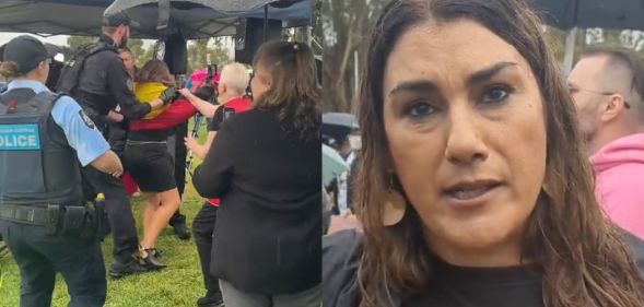 A split image of Lidia Thrope at the Canberra protest.