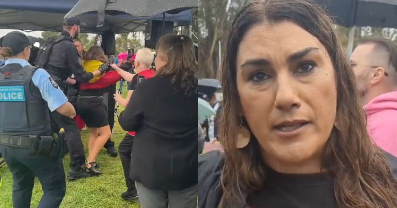 A split image of Lidia Thrope at the Canberra protest.