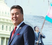 A graphic of Mark Takano waving a trans Pride flag as well as an image of him from a 3/4 profile while wearing a suit and tie