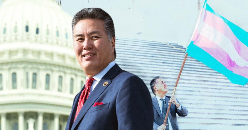 A graphic of Mark Takano waving a trans Pride flag as well as an image of him from a 3/4 profile while wearing a suit and tie