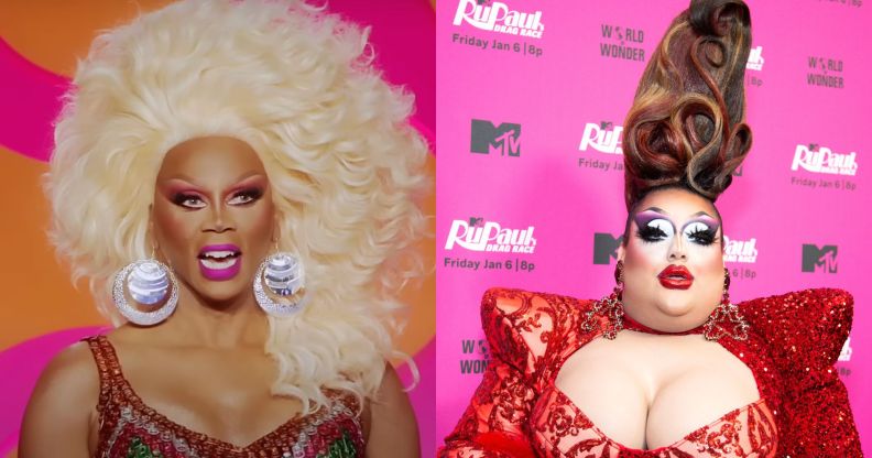 On the left, RuPaul laughing while sat on the Drag Race judging panel. On the right, Mistress Isabelle Brooks in a red gown.