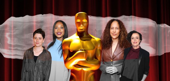 From Left to Right. Charlotte Wells, Chinonye Chukwu, the Oscars statuette, Gina Prince-Bythewood and Maria Schrader.