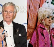 On the left, Paul O'Grady holding a dog wearing a suit and shirt. On the left, his drag persona Lily Savage.