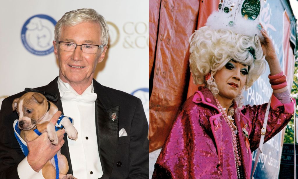 On the left, Paul O'Grady holding a dog wearing a suit and shirt. On the left, his drag persona Lily Savage.