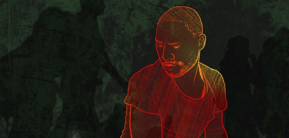 The illustration shows a drawing of a man set against a dark background. The man is drawn in sketchy detail and in the background is an animation of two people running.