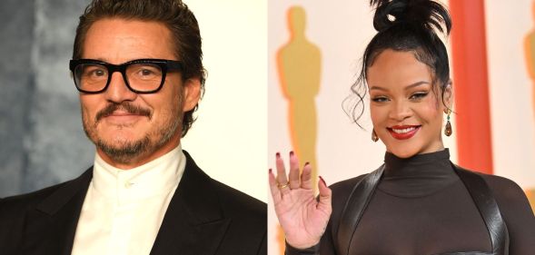 Two photos of Pedro Pascal and Rihanna on the 2023 Oscars red carpet.