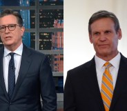 Stephen Colbert (L) and Republican governor Lee (R). (Stephen Colbert/YouTube/Getty)