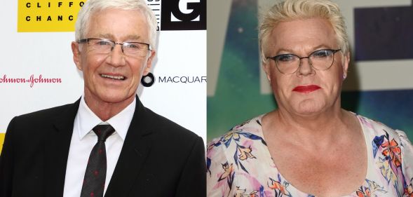 Paul O'Grady on the left in a suit and tie, and on the right, Suzy Eddie Izzard in a white and pink floral dress.