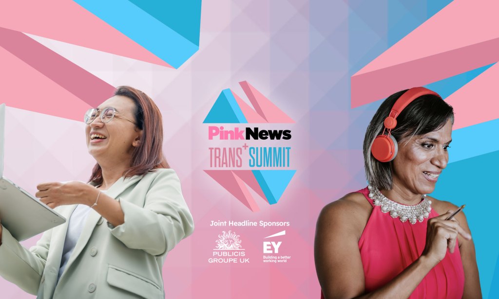 On the left side, there is a woman holding a tablet wearing a green suit. The PinkNews Trans+ Summit is centered, and to the right, there is a woman wearing a red dress and matching headphones.