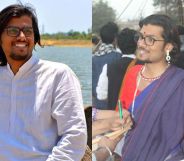 Tashi was brought to a spiritual healer after they told their parents they were trans non-binary. In the side-by-side image, Tashi is pictured wearing a white shirt with long hair outdoors by the water on the left. On the right they are pictured wearing traditional Indian dress speaking to a person.