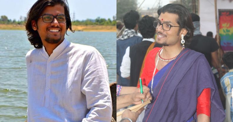 Tashi was brought to a spiritual healer after they told their parents they were trans non-binary. In the side-by-side image, Tashi is pictured wearing a white shirt with long hair outdoors by the water on the left. On the right they are pictured wearing traditional Indian dress speaking to a person.