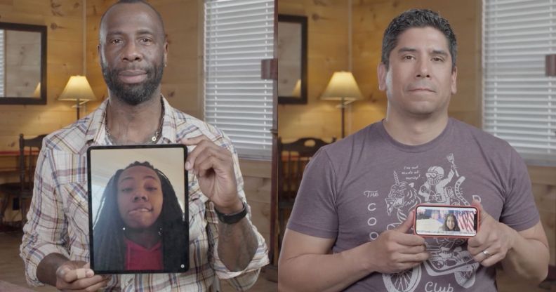 Stephen Chukumba and Frank Gonzalez hold up phots of their trans children in new film The Dads.