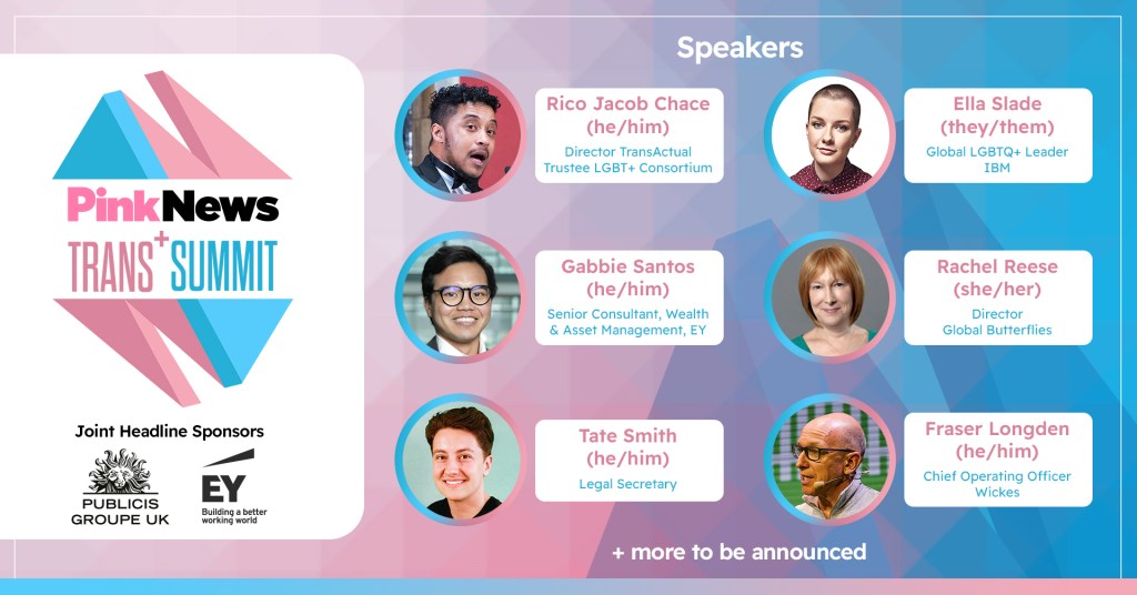 A graphic depicting PinkNews Trans+ Summit speakers Rico Jacob Chace, Ella Slade, Gabbie Santos, Tate Smith, Rachel Reese and Fraser Longden