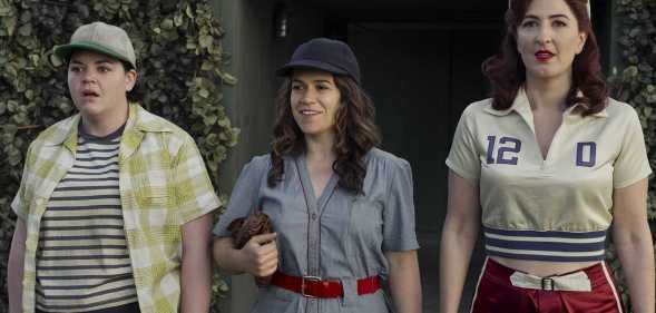 Three women in baseball gear