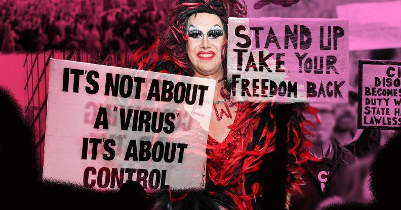 Drag queen Aida H Dee superimposed over protest signs against COVID