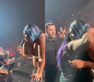 Side by side images of Lizzo talking to and hugging an emotional fan during a concert in Italy