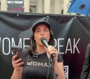 Australian MP Moira Deeming speaks at a rally headlined by Kellie-Jay Keen-Minshull, also known as Posie Parker