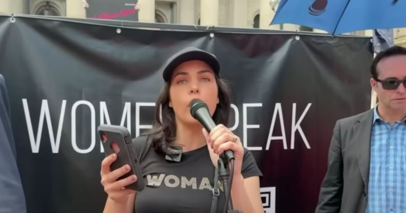 Australian MP Moira Deeming speaks at a rally headlined by Kellie-Jay Keen-Minshull, also known as Posie Parker