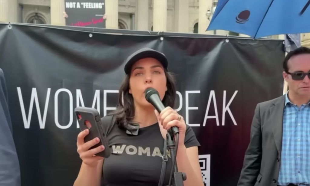 Australian MP Moira Deeming speaks at a rally headlined by Kellie-Jay Keen-Minshull, also known as Posie Parker