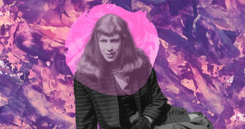 A photo illustration composed of British trans woman Roberta Cowell posed on her side with pink and purple graphics