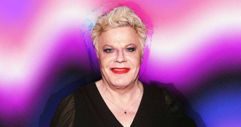 Trans comedian Suzy Eddie Izzard against a colourful backdrop