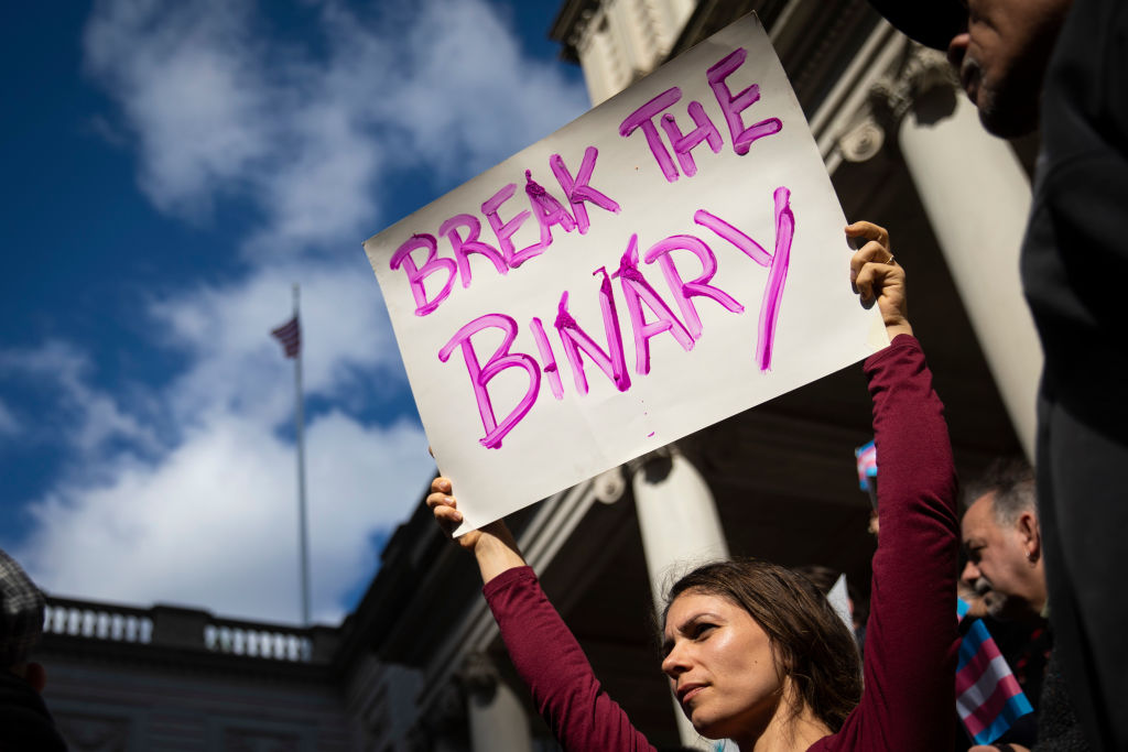 LGBTQ+ activists and their supporters rally in support of transgender people on the steps of New York City Hall in 2018.