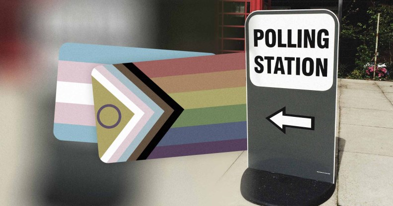 A polling station sign with the trans and Pride flags