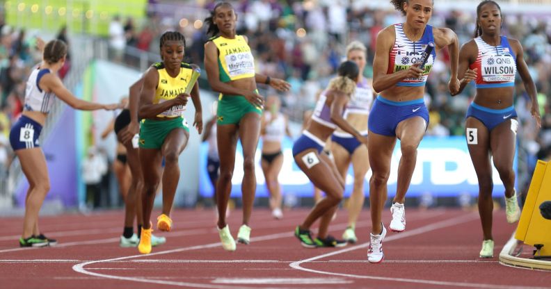 A group of women taking part in a World Athletics race.