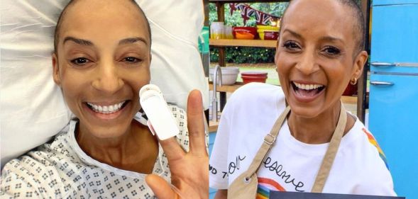 Adele Roberts (left) in hospital while undergoing treatment for bowel cancer and (right) on Celebrity Bake Off for Stand Up To Cancer