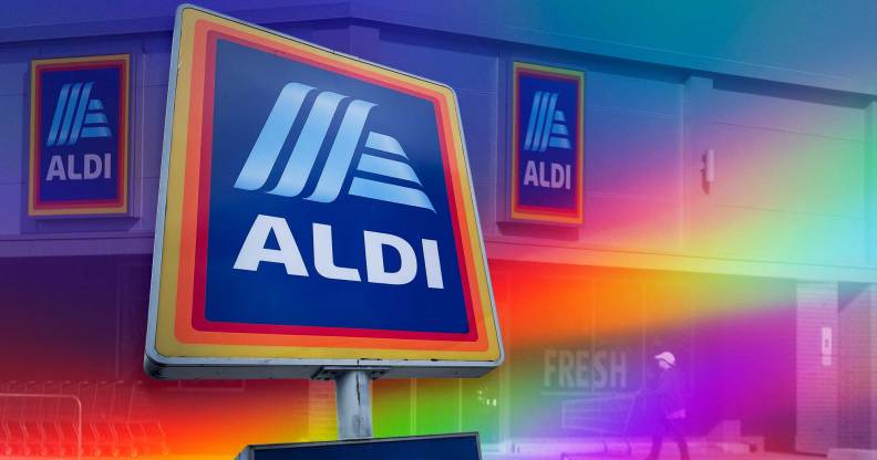 An Aldi sign and shop with LGBTQ rainbow Pride colours superimposed on top