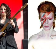 On the left, lesbian musician Anna Calvi performs. On the right, David Bowie's Aladdin Sane album cover.