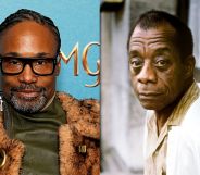 On the left, Billy Porter in a green top, glasses and fur jacket. On the right, writer James Baldwin in a tan shirt and white jacket.