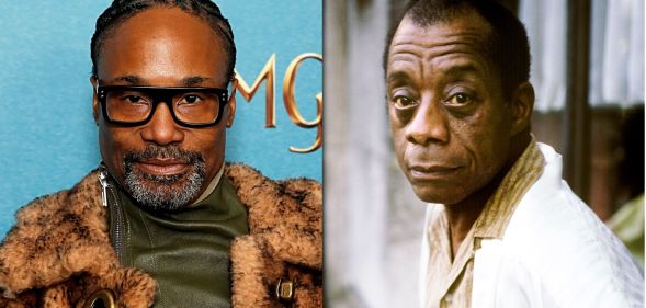 On the left, Billy Porter in a green top, glasses and fur jacket. On the right, writer James Baldwin in a tan shirt and white jacket.