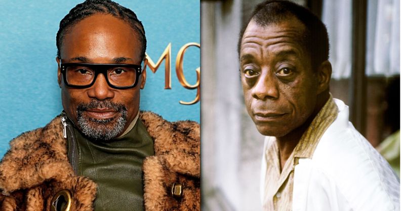 On the left, Billy Porter in a green top, glasses and fur jacket. On the right, writer James Baldwin in a tan shirt and white jacket.