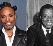 Billy Porter with his hair in bantu knots, wearing a white shirt and leather jacket. James Baldwin smiling, wearing a black jacket and black tie.