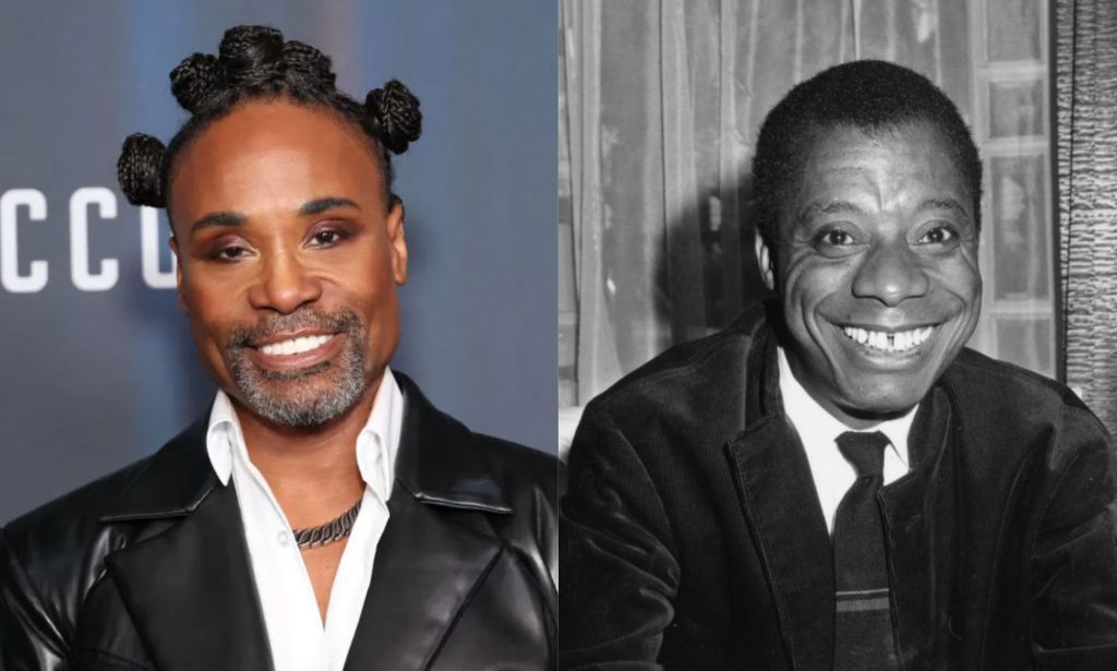 Billy Porter with his hair in bantu knots, wearing a white shirt and leather jacket. James Baldwin smiling, wearing a black jacket and black tie.