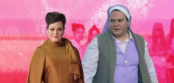 An image of Daniela Vega alongside her character in The Power, Sister Maria.