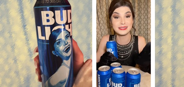 A split imiage of the beer can that Dylan Mulvaney received and her Instagram video.