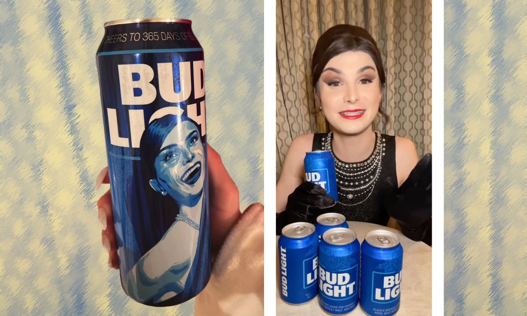 A split imiage of the beer can that Dylan Mulvaney received and her Instagram video.