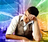 Collage showing a white male teacher looking upset, holding his head in his hands, with rainbow coloured shattered glass in the background