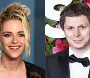 Kristen Stewart smiling wearing a black top at the Vanity Fair Oscars after party, while Michael Cera wears black suit at the 2018 Tony Awards.