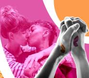 Collage showing two lesbians kissing and holding hands