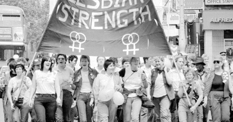 Lesbians march during a Pride parade.