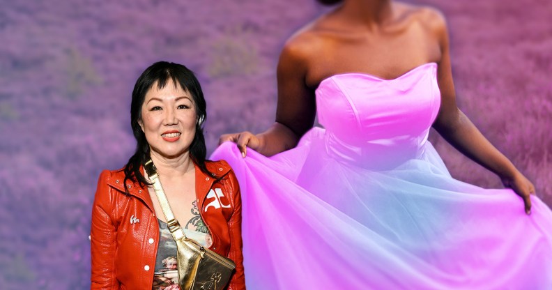 Margaret Cho in a red jacket and multi-coloured top stands against a background of a woman wearing a trans flag-coloured dress.