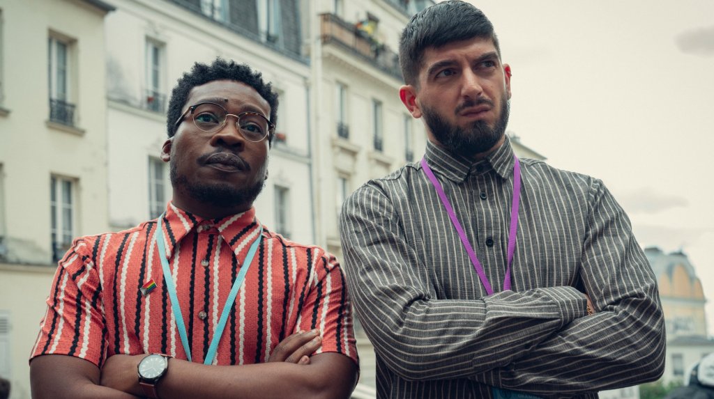 Nima Taleghani (right) as Mr Farouk and Fisayo Akinade as Mr Ajayi in Heartstopper season 2 on Netflix