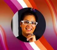 Author and entrepreneur Raga D'silva with lesbian Pride colours pictured behind her.